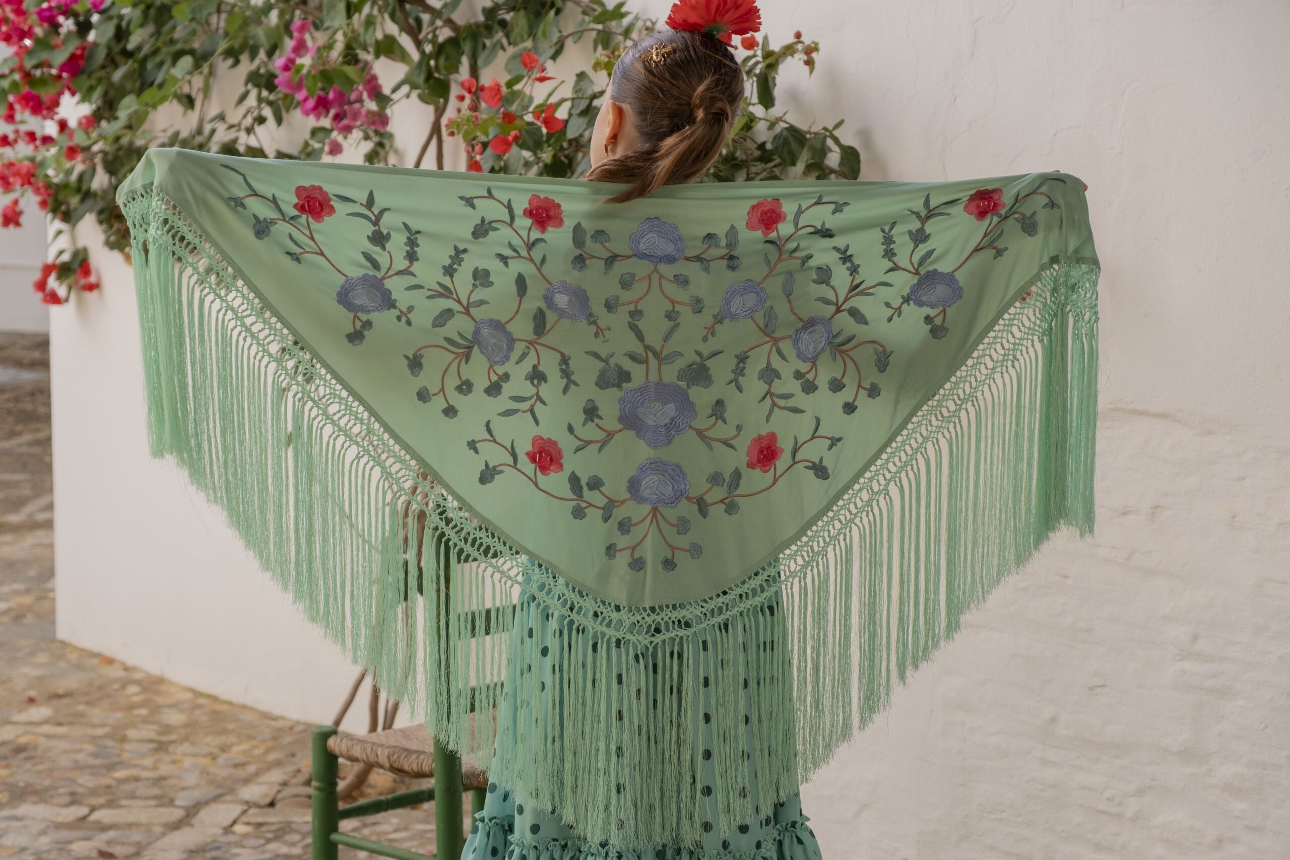 Mantón Flecos Verde Bordado Multicolor